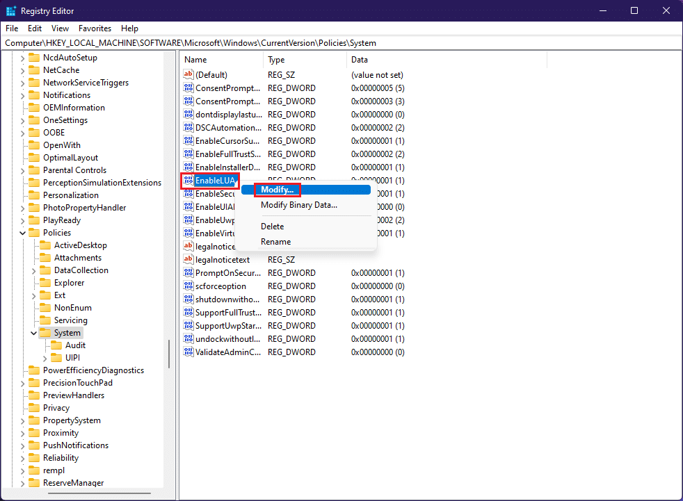 faites un clic droit sur la valeur EnableUA et sélectionnez l'option Modifier dans l'éditeur de registre Windows 11