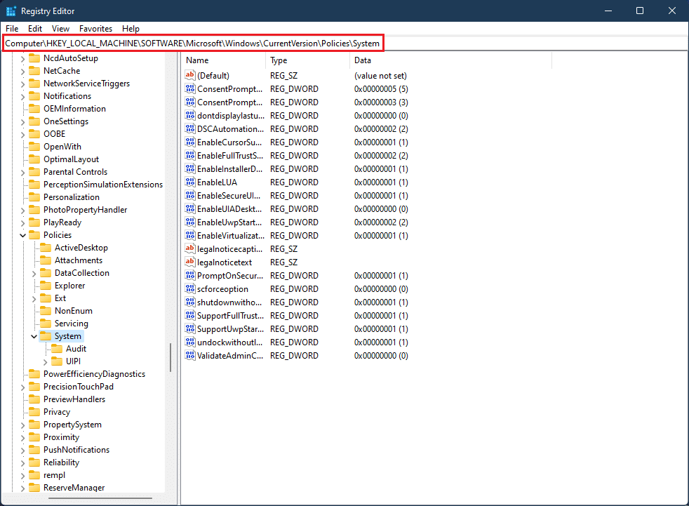 ไปที่เส้นทางตำแหน่ง HKEY LOCAL MACHINE SOFTWARE Microsoft WindowsCurrentVersion Policies System ใน Registry Editor Windows 11