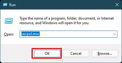 พิมพ์ secpol.msc แล้วคลิกตกลงในกล่องโต้ตอบเรียกใช้เพื่อเปิดแอป Local Security Policy