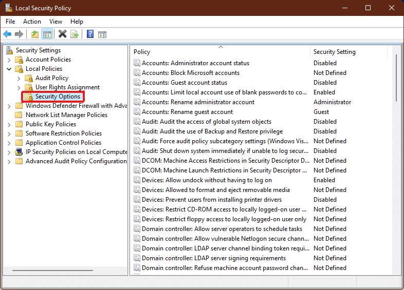 développez les options de sécurité dans la fenêtre Stratégie de sécurité locale