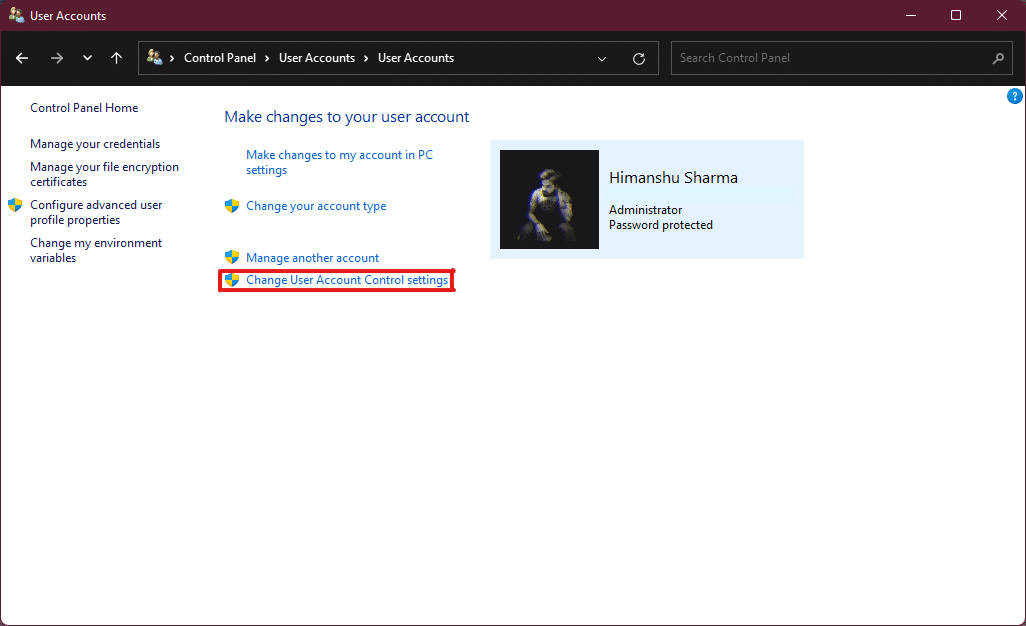 faceți clic pe modificați setările de control al contului de utilizator Windows 11