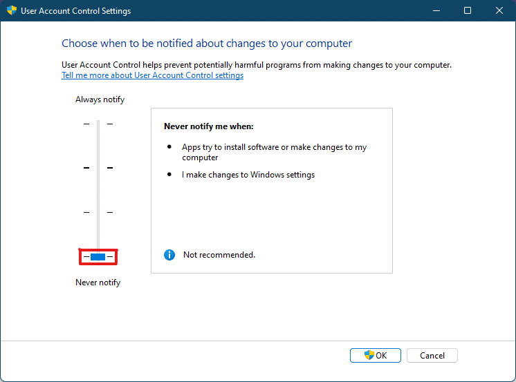 przesuń suwak do najniższego poziomu, aby wyłączyć lub wyłączyć Kontrolę konta użytkownika UAC Windows 11
