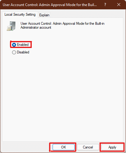 selezionare l'opzione Abilitato nella scheda Impostazioni di sicurezza locale per il controllo dell'account utente Esegui tutti gli amministratori nel criterio Modalità approvazione amministratore Windows 11