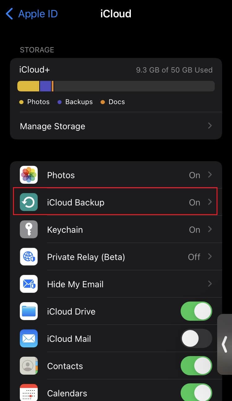 在 iPhone iCloud 设置中点击 iCloud 备份