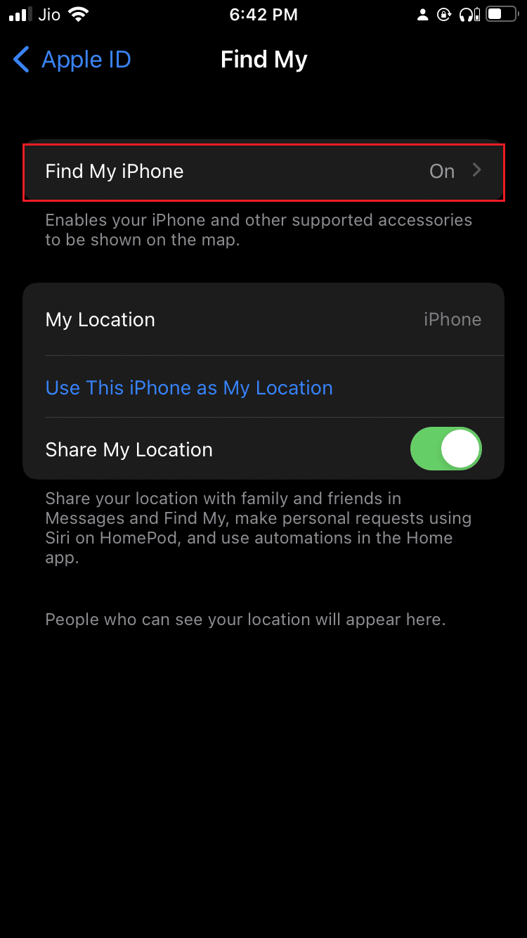 แตะที่ตัวเลือก Find My iPhone ใน Find My settings บน iPhone วิธีปิด Find My iPhone โดยไม่ต้องใช้รหัสผ่าน