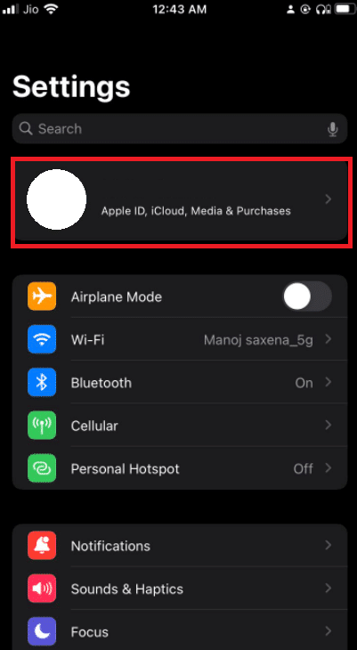 vai alle opzioni del tuo profilo in iPhone per accedere all'ID Apple, alle impostazioni di icloud. Come disattivare Trova il mio iPhone senza password