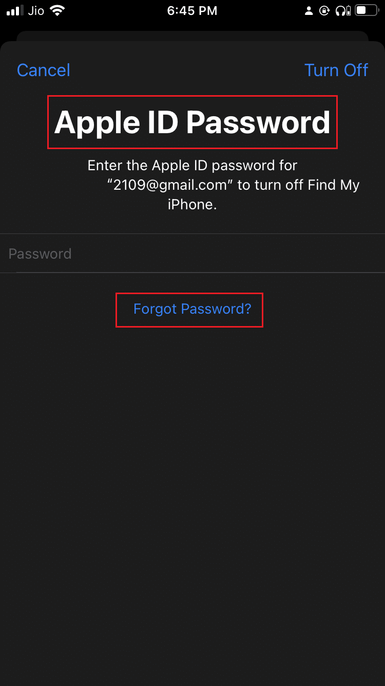 แตะที่ตัวเลือกลืมรหัสผ่านในหน้าจอเพื่อป้อนรหัสผ่าน Apple ID ใน iPhone วิธีปิด Find My iPhone โดยไม่ต้องใช้รหัสผ่าน