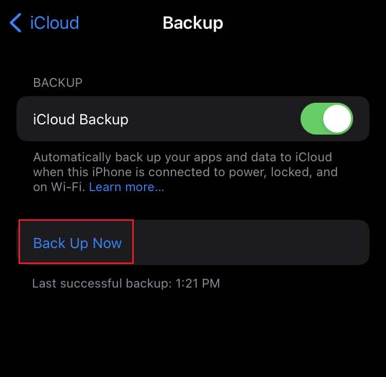 แตะที่ตัวเลือกสำรองข้อมูลทันทีในการตั้งค่าการสำรองข้อมูล iCloud ของ iPhone