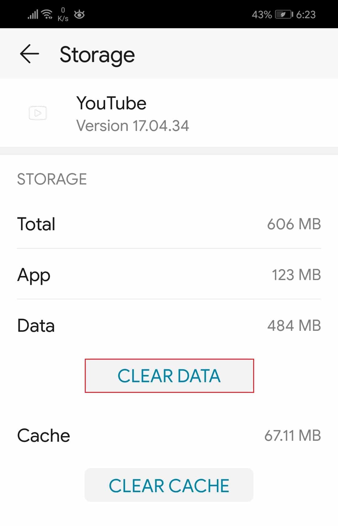 ketuk hapus data untuk mengatur ulang aplikasi Youtube