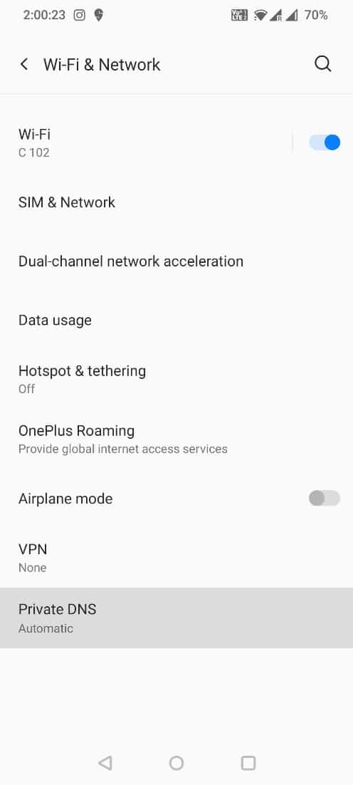 Wählen Sie Private DNS-Einstellungen in der Liste aus. So beheben Sie Oops, dass etwas schief gelaufen ist YouTube App auf Android