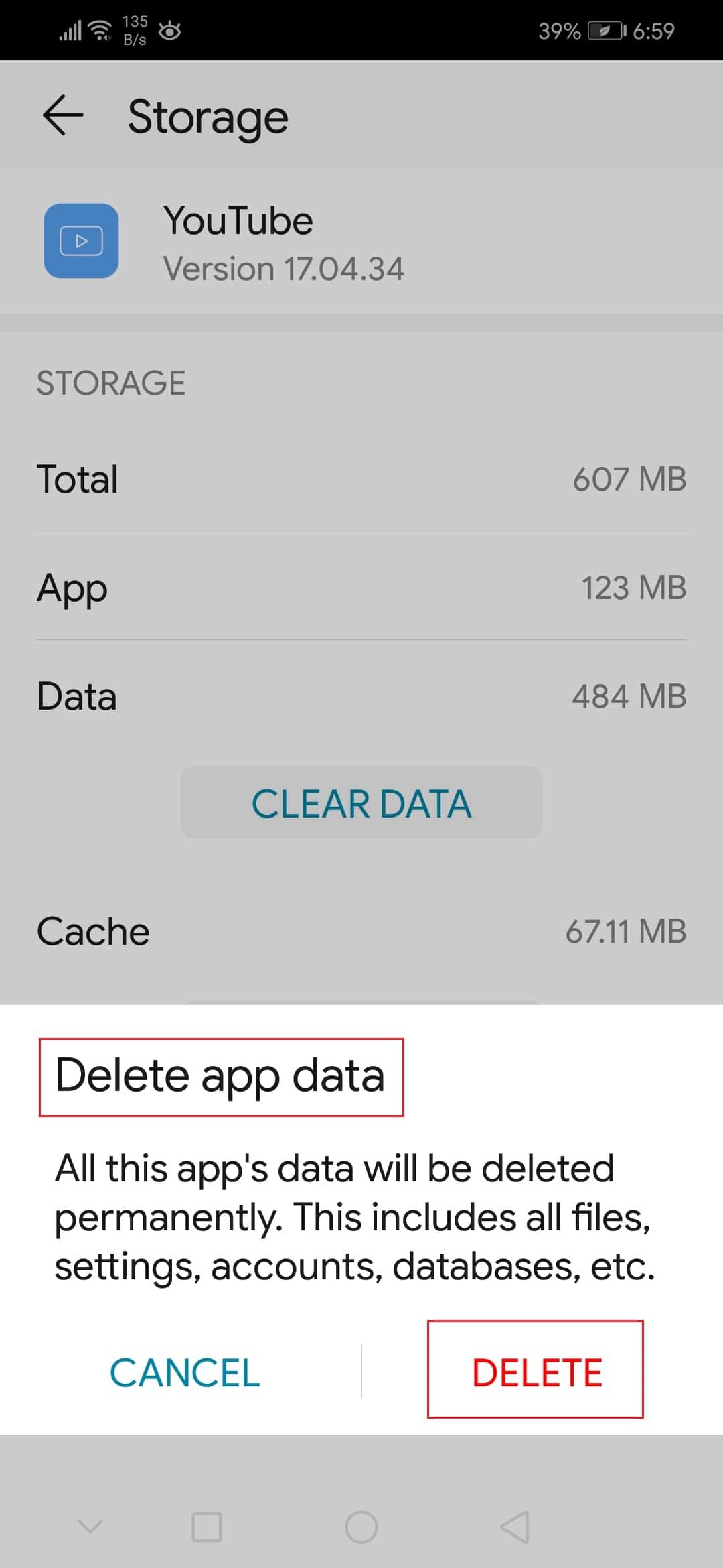 atingeți Ștergeți în fereastra pop-up Ștergeți datele aplicației pentru a șterge datele aplicației Youtube