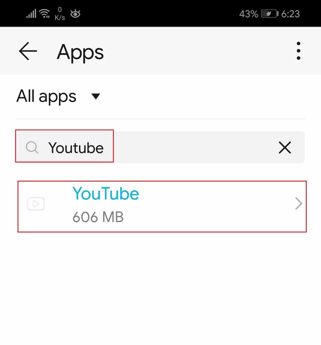 cerca e tocca l'app YouTube nel telefono Android Honor Play