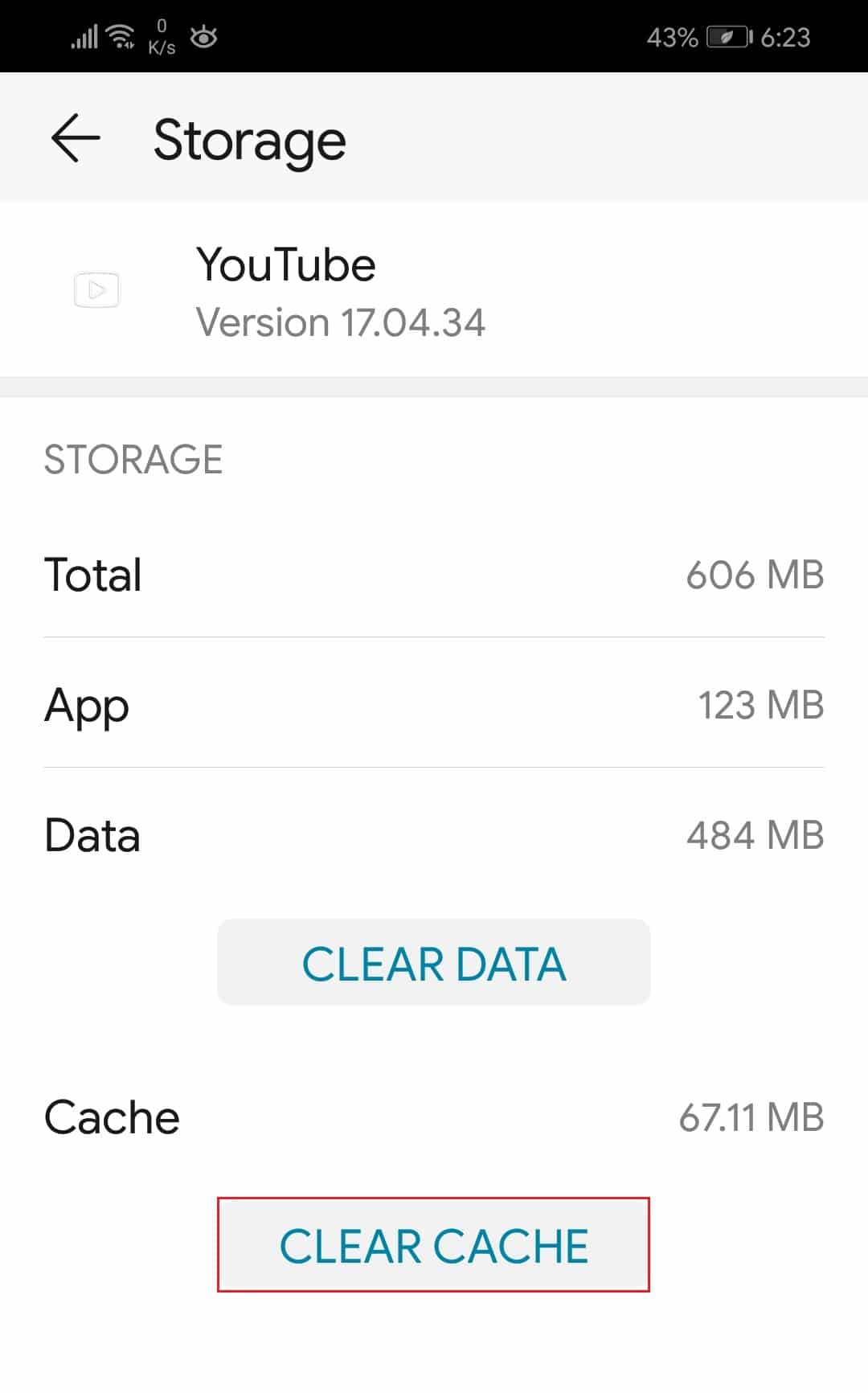 แตะที่ Clear Cache เพื่อลบไฟล์แคชของแอพ Youtube