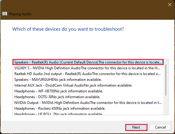 seleccione el dispositivo de audio para solucionar el problema en el solucionador de problemas de reproducción de audio de Windows 11