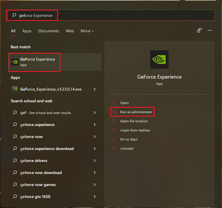 apri geforce experience dal menu di avvio di Windows come amministratore
