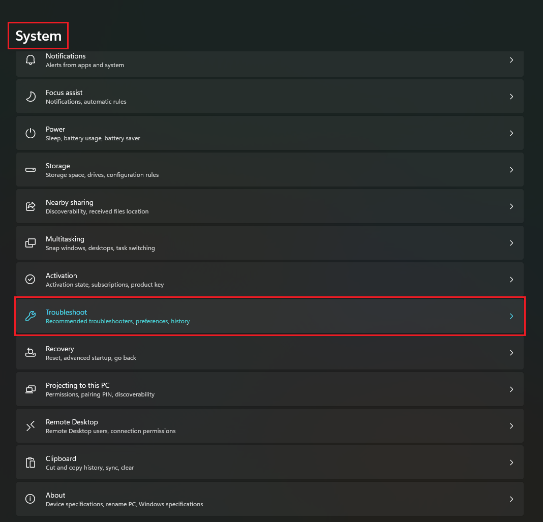 Nas configurações do sistema, clique na opção Solução de problemas. Como corrigir zumbido de áudio no Windows 11