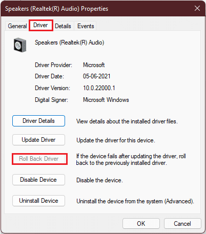 Wählen Sie auf der Registerkarte „Treiber“ der Eigenschaften des Realtek-Audiotreibers die Option „Treiber zurücksetzen“. So beheben Sie Audiobrummen in Windows 11