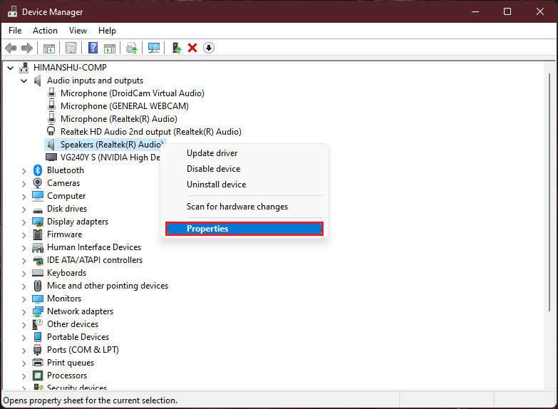 faceți clic dreapta pe driverul audio realtek și selectați Proprietăți în Windows 11