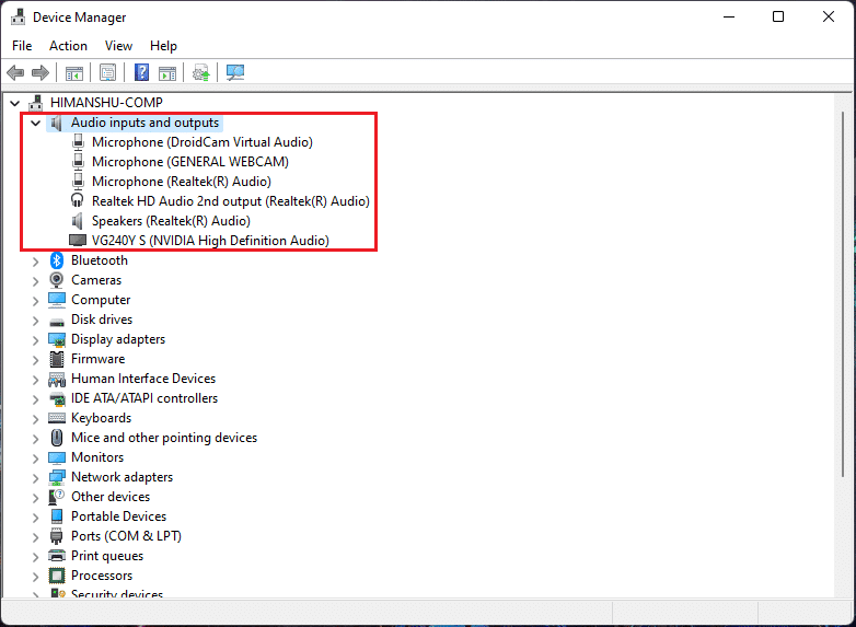 haga doble clic en Dispositivo de entradas y salidas de audio para expandir los controladores de audio. Cómo arreglar el zumbido de audio en Windows 11