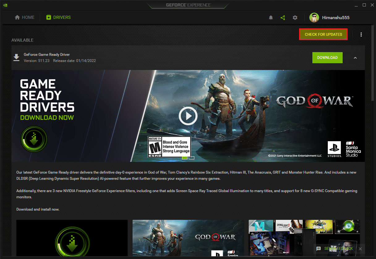 haga clic en el botón Buscar actualizaciones en la experiencia de geforce