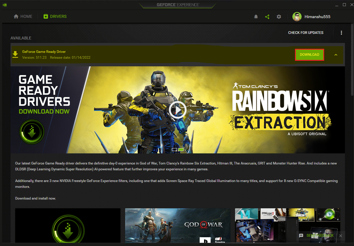 haga clic en el botón Descargar para descargar la actualización del controlador GeForce game ready en el programa geforce experience Windows 11