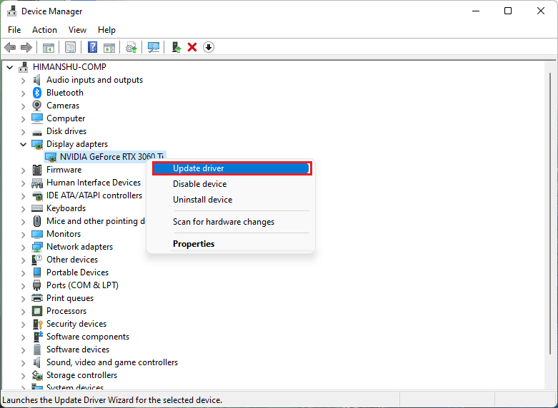 haga clic derecho en el controlador de gráficos Nvidia geforce y seleccione la opción de actualización del controlador