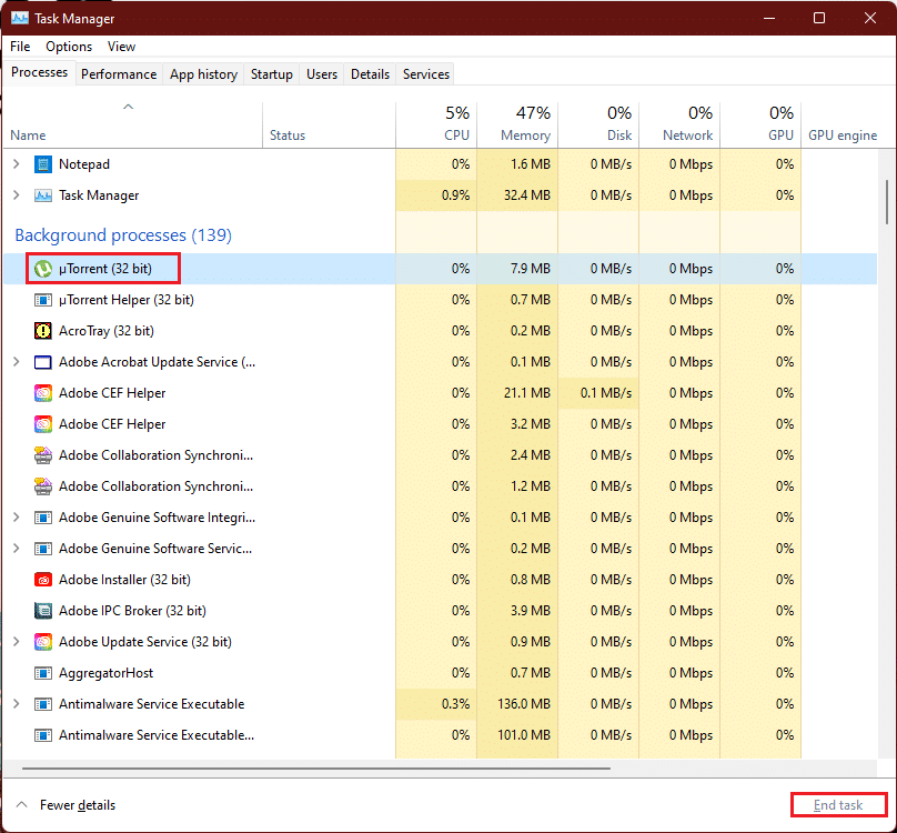 sélectionnez le processus uTorrent et cliquez sur Fin de tâche dans le Gestionnaire des tâches de Windows 11