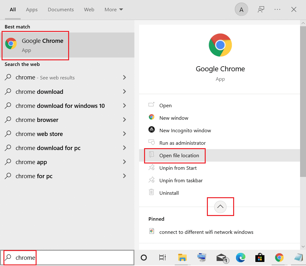 cerca Chrome nel menu di ricerca di Windows e seleziona l'opzione Apri posizione file