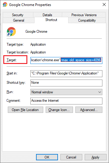 现在，在 Google Chrome 属性窗口中，在目标位置 C:\Program Files (x86)\Google\Chrome\Application\chrome.exe 的末尾添加以下路径 –max_old_space_size=4096