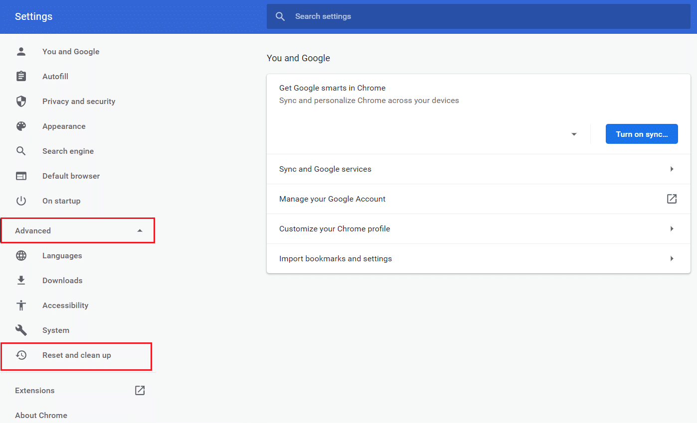 Erweitern Sie das erweiterte Menü und wählen Sie die Option zum Zurücksetzen und Bereinigen in den Google Chrome-Einstellungen