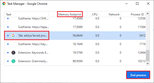 Wählen Sie eine Aufgabe aus und klicken Sie im Task-Manager von Google Chrome auf die Schaltfläche Prozess beenden