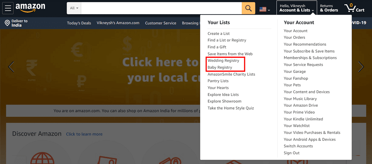 găsiți opțiunea etichetată ca „Registrul nunții” sau „Registrul bebelușilor”. | Cum să găsești lista de dorințe Amazon a cuiva?