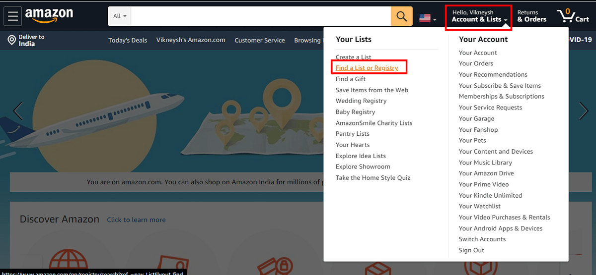 Ein Menüfeld wird angezeigt, suchen Sie die Option mit der Bezeichnung „Find a List or Registry“. | Wie finde ich die Amazon-Wunschliste von jemandem?