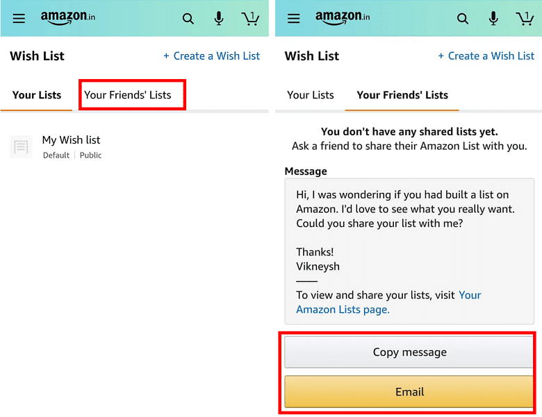 Amazon에서 제공하는 이 메시지를 이메일로 보내기 옵션을 선택합니다.