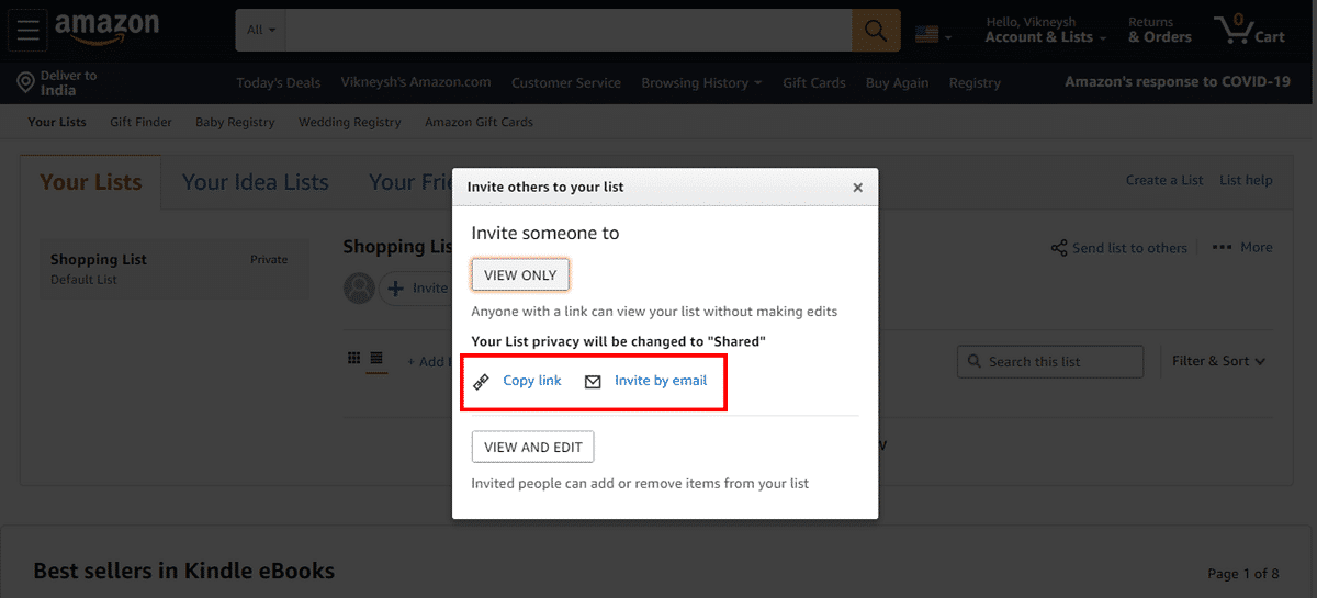 Copiez le lien en utilisant l'option fournie et envoyez-le à votre ami. | Comment trouver la liste de souhaits Amazon de quelqu'un?