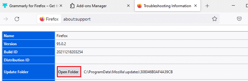 现在，在 Application Basics 窗口中，单击 Update Folder 下的 Open Folder。如何修复 Firefox 不加载页面