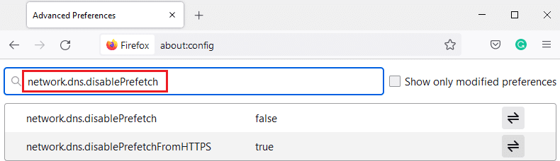 次に、検索バーにnetwork.dns.disablePrefetchと入力します。