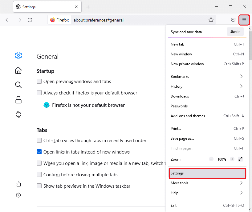 Wählen Sie hier die Option Einstellungen. So beheben Sie, dass Firefox keine Seiten lädt