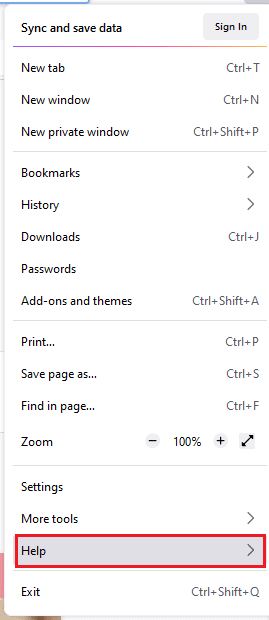 Maintenant, sélectionnez l'option Aide. Comment réparer Firefox ne charge pas les pages
