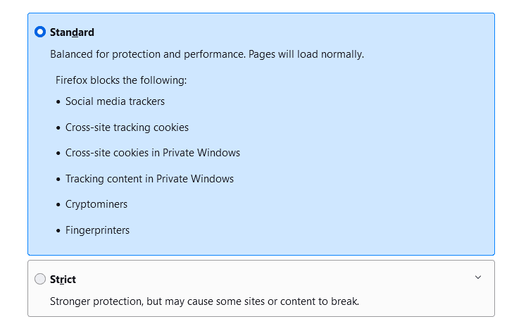 selezionare l'opzione Standard in Privacy del browser. Come risolvere Firefox che non carica le pagine