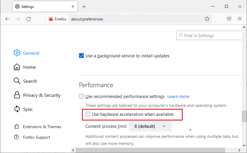 Kullanılabilir olduğunda donanım hızlandırmayı kullan seçeneğinin işaretini kaldırın. Firefox Sayfaları Yüklemiyor Nasıl Onarılır