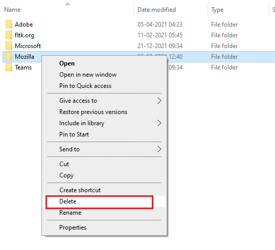 Ahora, haga clic derecho en la carpeta Mozilla y elimínela.