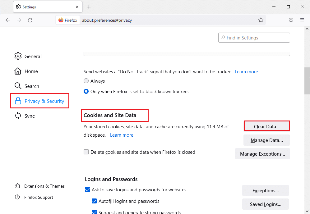 role para baixo na tela direita até o menu Cookies e Dados do Site. Como corrigir o Firefox não carregando páginas