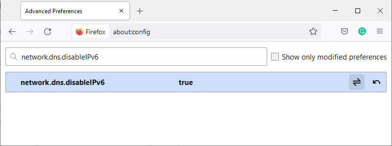 在這裡，在搜索首選項名稱字段中鍵入 network.dns.disableIPv6，如何修復 Firefox 不加載頁面