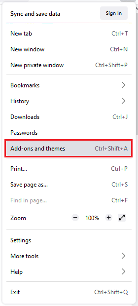 Mozilla firefox 메뉴 옵션에서 추가 기능 및 테마를 클릭하십시오.