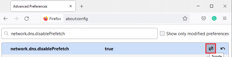 여기에서 토글 버튼을 False에서 True로 바꿉니다. Firefox가 페이지를 로드하지 않는 문제를 해결하는 방법