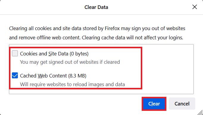 Deseleziona la casella Cookie e dati del sito e assicurati di selezionare la casella Contenuto Web memorizzato nella cache. Fare clic su Cancella.