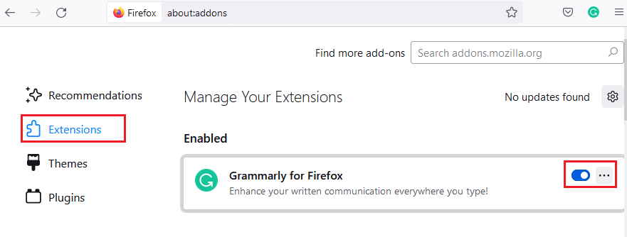 Klicken Sie dann im linken Bereich auf Erweiterungen und schalten Sie die Erweiterungen aus. So beheben Sie, dass Firefox keine Seiten lädt