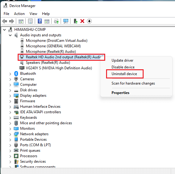 klik kanan pada driver audio Realtek dan pilih Uninstall device in Windows 11