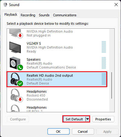 pilih perangkat audio hd realtek dan klik tombol Setel default di tab Pemutaran suara Windows 11